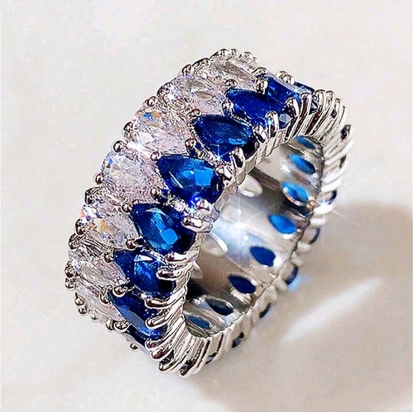 925 Silver Pear Waterdrop Cut Romantic Blue & White Cubic Zirconia Ring Sz 8 - Picture 5 of 5